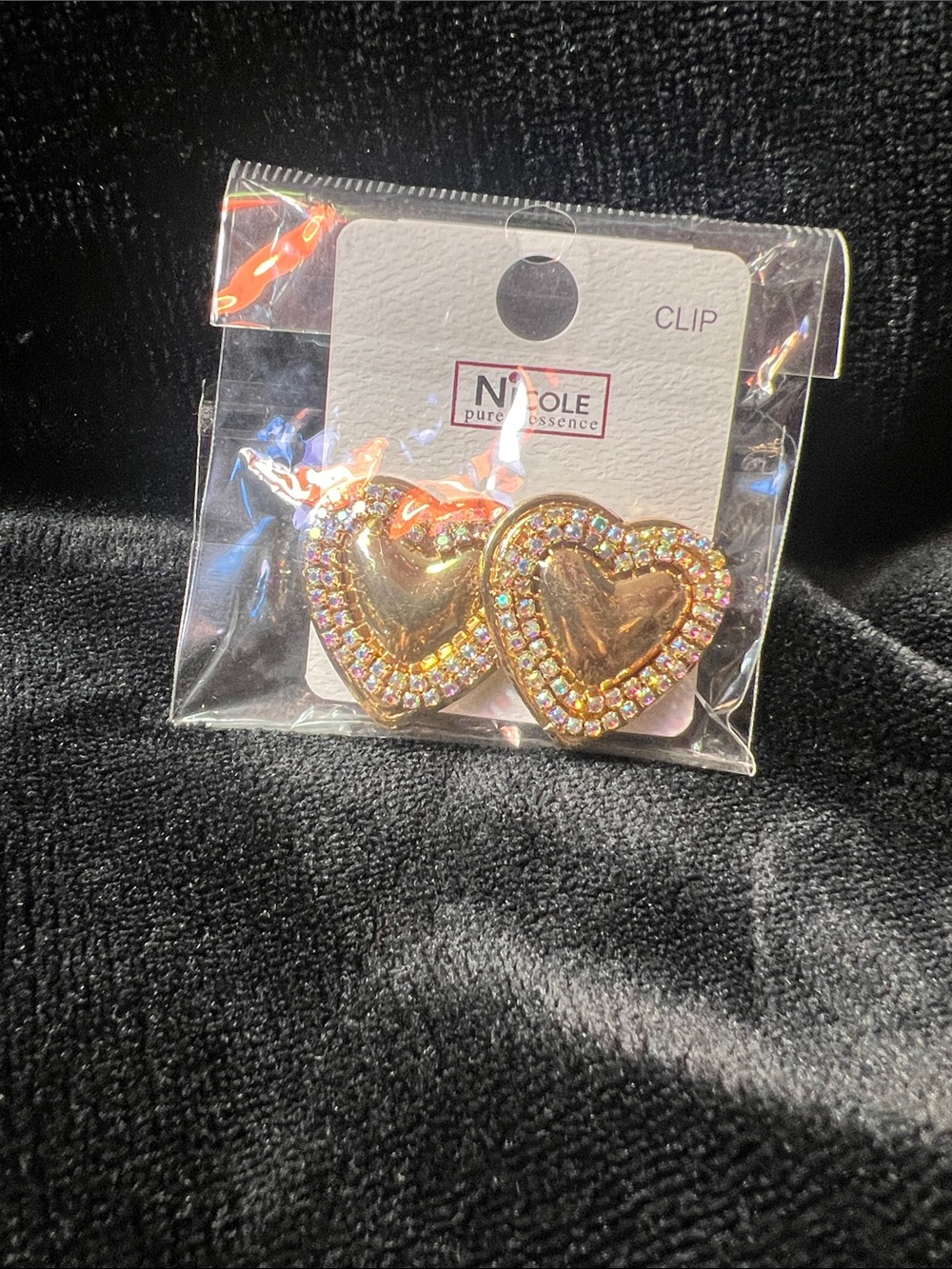 Nicole Gold Heart Clip-On Earrings with Iridescent Crystals